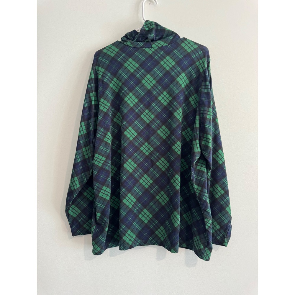 Lands' End Plaid Turtleneck Top Women 3X Green Navy Long Sleeve Knit